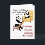 Carte Skateboard Panda, Funny Birthday card. Ajouter un<br><div class="desc">Ajoutez le nom à l'avant de la carte d'anniversaire et le message à l'intérieur.  Panda est en train de polir son skateboard et obtient quelques conseils de Mère. Le destinataire doit savoir ce qu'est la "graisse du coude".</div>