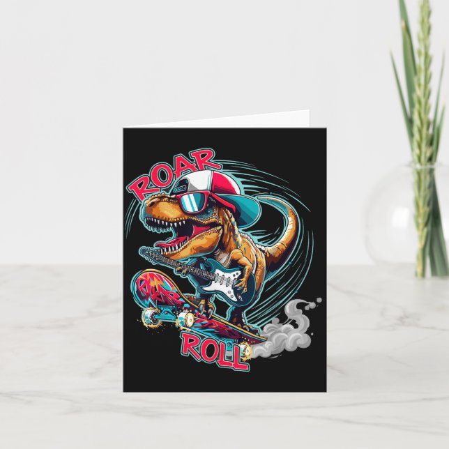 Carte Skater Guitar T-rex Roar Roll Dinosaur For Boys Me (Devant)