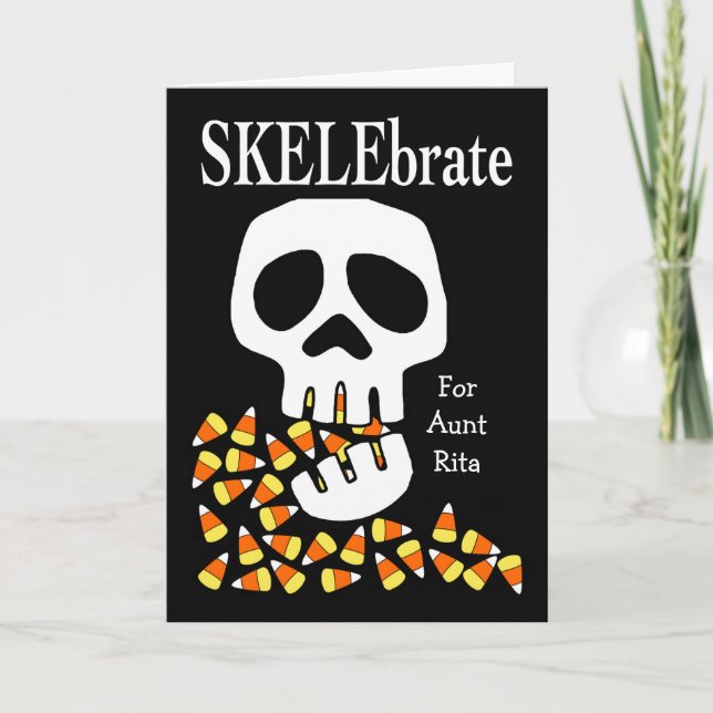 Carte SKELEbrate Halloween Crâne et Corne de bonbons pou (Devant)