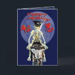 Carte Skeleton biker 40th birthday<br><div class="desc">Un squelette motard à cheval sur un porc et fumant une cigarette. A l'intérieur,  on voit une photo d'un crâne et d'un verset éffrayant. Une carte d'anniversaire très éffrayante.</div>
