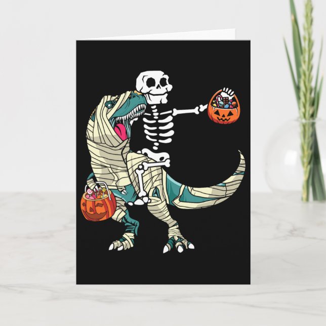 Carte Skeleton Riding Mummy Dinosaur T Rex Halloween Fun (Devant)