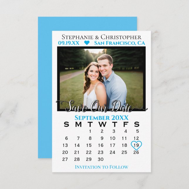 Carte Sky Blue Calendar & Photo Mariage Enregistrer notr (Devant / Derrière)