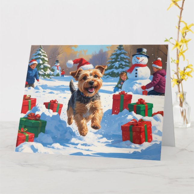 Carte Skye Terrier courant dans la neige avec un chapeau (Fleur jaune)