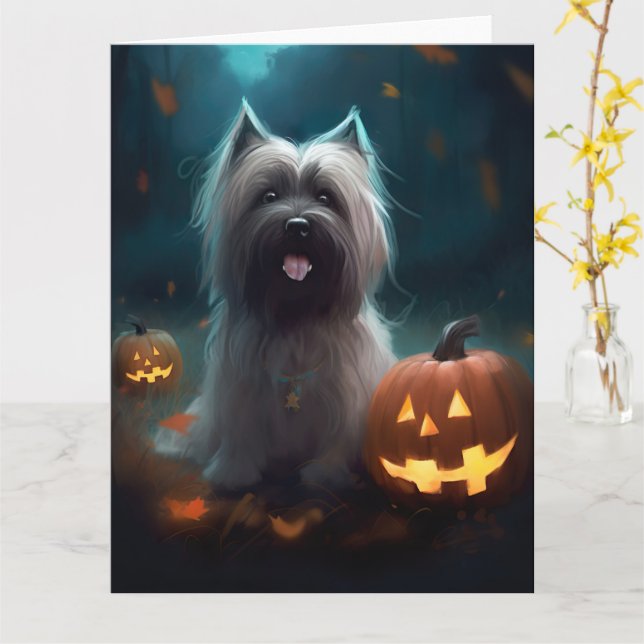 Carte Skye Terrier Halloween avec citrouilles effrayant  (Fleur jaune)