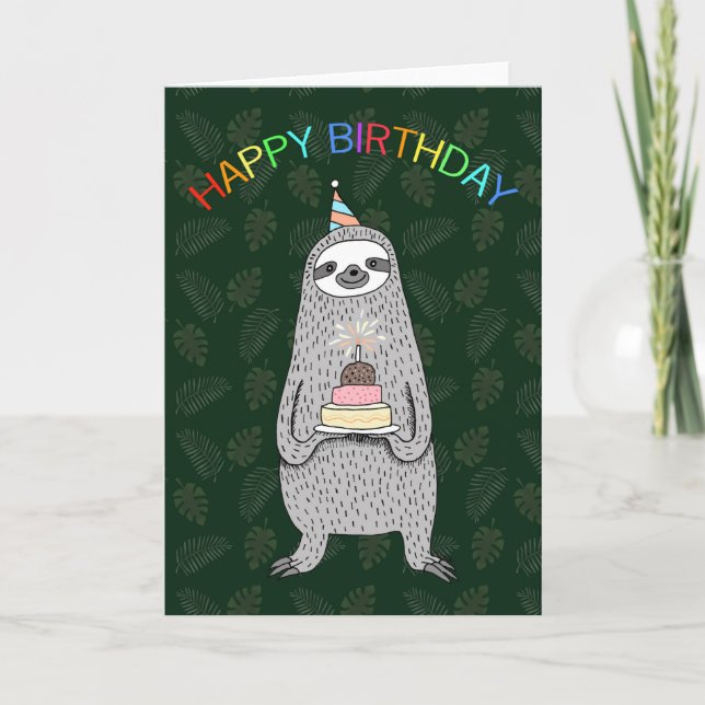 Carte Sloth avec gâteau d'anniversaire & casquette Jungl (Devant)