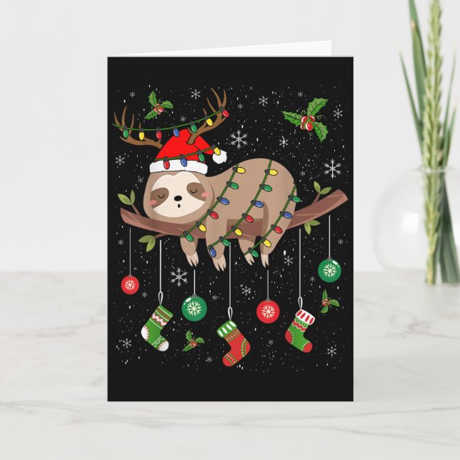 Carte Sloths Xmas Lighting Reindeer Santa Hat Sloth Chri (Devant)