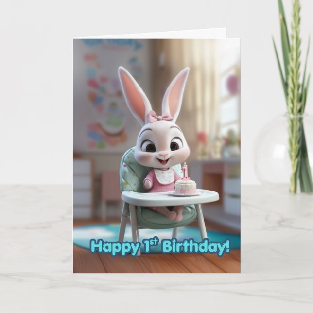Carte Smiling Baby Bunny in High Chair w/ 1st Bday Cake (Devant)