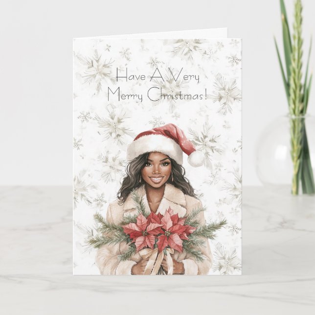 Carte Snowflakes Christmas Black Woman Poinsettia Floral (Devant)