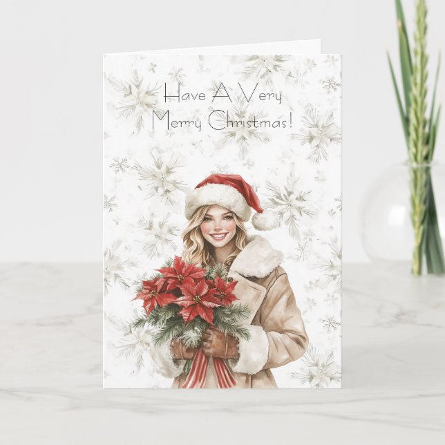 Carte Snowflakes Christmas Blond Woman Poinsettia Floral (Devant)