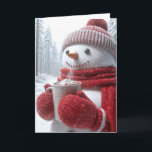 Carte Snowman avec Chocolat chaud et flocons de neige<br><div class="desc">Un joyeux bonhomme de neige habillé d'un casquette rouge,  d'une écharpe et de mitaines tient une tasse de chocolat chaud bouillonnante surmontée de guimauves dans des flocons de neige. Le texte peut être modifié.</div>