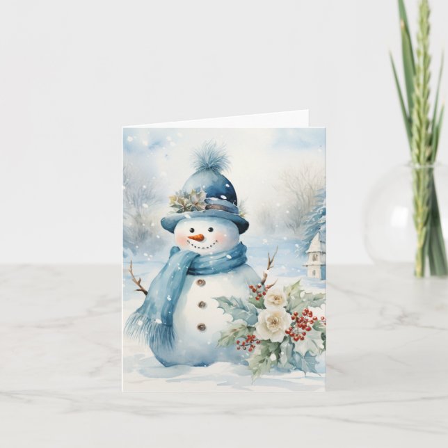 Carte Snowman Bleu Casquette Écarf Neige Arbres couverts (Devant)
