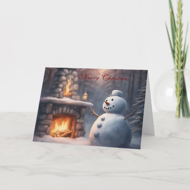 Carte Snowman by an outdoor fire place Christmas (Devant)