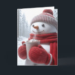 Carte Snowman De Noël Au Chocolat Chaud<br><div class="desc">Un joyeux bonhomme de neige habillé d'un casquette rouge,  d'une écharpe et de mitaines tient une tasse de chocolat chaud bouillonnante surmontée de guimauves. Le texte peut être modifié.</div>