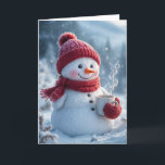Carte Snowman De Noël Au Chocolat Chaud<br><div class="desc">Un joyeux bonhomme de neige habillé d'un casquette rouge,  d'une écharpe et de mitaines tient une tasse de cacao chaud qui bouge. Le texte peut être modifié.</div>