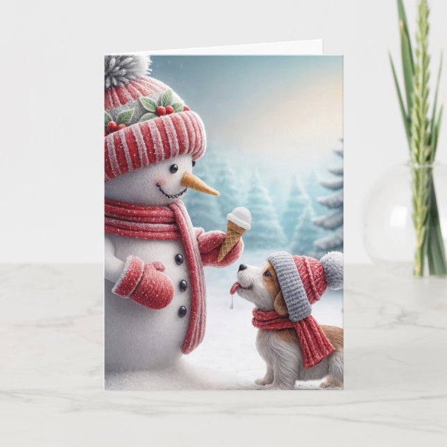 Carte Snowman de Noël avec chien (Devant)