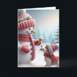 Carte Snowman de Noël avec chien<br><div class="desc">Un bonhomme de neige vêtu d'un casquette rouge et d'une écharpe tient un cône de glace à un petit chien habillé en tenue d'hiver assortie Texte à changer.</div>