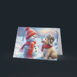 Carte Snowman de Noël avec chien<br><div class="desc">Un bonhomme de neige vêtu d'un casquette rouge et d'une écharpe tient un cône de glace à un petit chien habillé en tenue d'hiver assortie Texte à changer.</div>