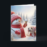 Carte Snowman De Noël Avec Cône De Crème De Glace<br><div class="desc">Un joyeux bonhomme de neige portant un casquette rouge et une écharpe tient un cône de glace avec un chien qui le regarde assis dans la neige profonde. Le texte peut être modifié.</div>