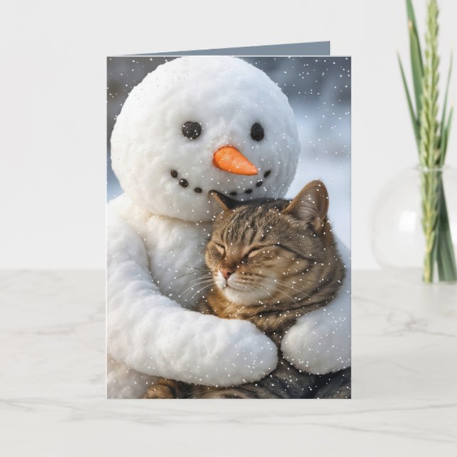 Carte Snowman de Noël en train de serrer un tabby (Devant)