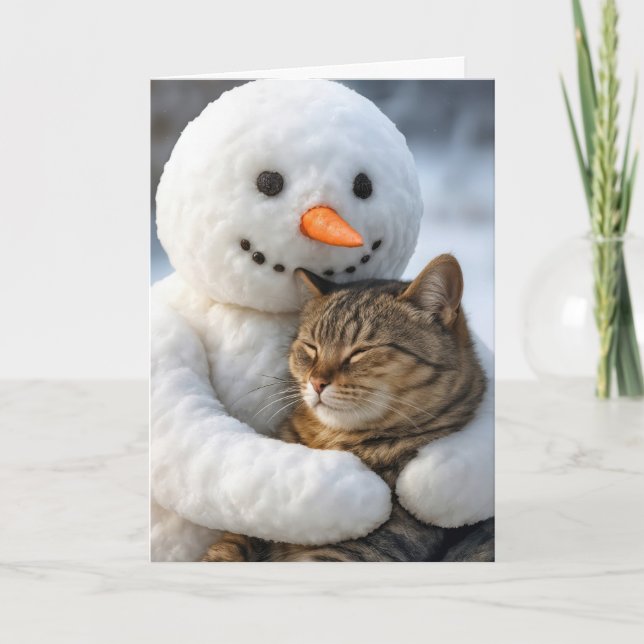 Carte Snowman de Noël en train de serrer un tabby (Devant)