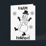 Carte Snowman "HAPPY HOLIDAYS"<br><div class="desc">La carte dit : "JEUX VACANCES !" Un hivernal, mignon bonhomme de neige pour égayer votre hiver ! Inspiré par l'original des années 1950 Frosty, look vintage, retro style Snowguy est le design le plus mignon pour sonner en hiver et applaudir sur la neige! Tiré à la main à l'encre...</div>