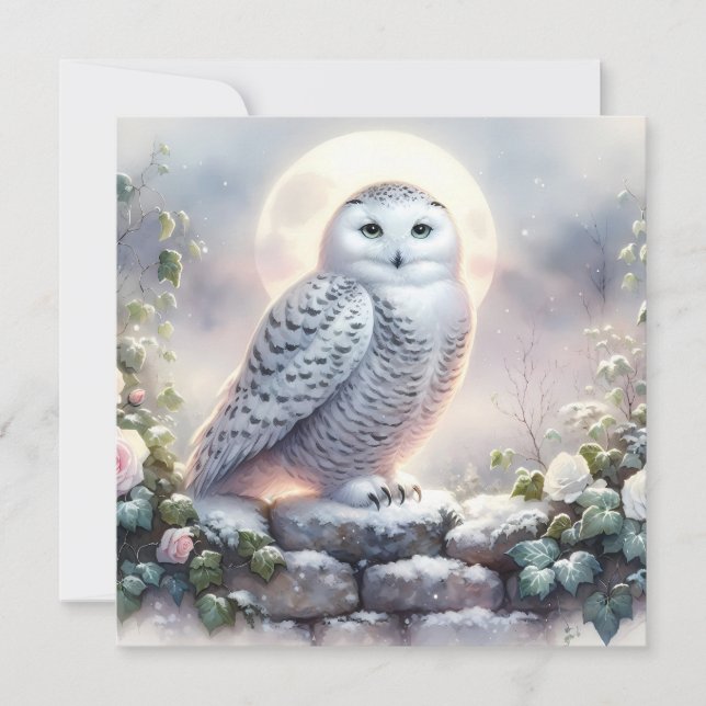 Carte Snowy Owl in Moonlit Winter Garden (Devant)