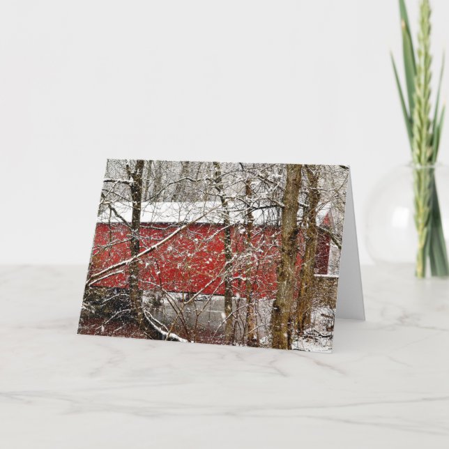 Carte Snowy red covered bridge holiday greeting card (Devant)