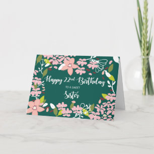 Carte Soeur 22e anniversaire Fleurs vertes