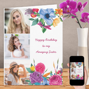 Carte Soeur 3 Photo Aquarelle brillante Florale Annivers
