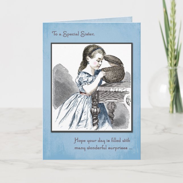 Carte Soeur Anniversaire avec panier d'ouverture Vintage (Devant)