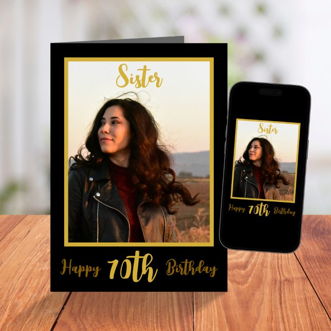Carte Soeur élégante 70e anniversaire Black Gold Photo (Créateur téléchargé)