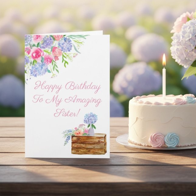 Carte Sœur Fleurs d'anniversaire Aquarelle Hydrangea Ros (Créateur téléchargé)