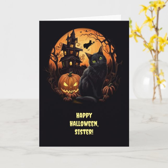 Carte Soeur Happy Halloween Chat et sorcière avec hanté (Fleur jaune)