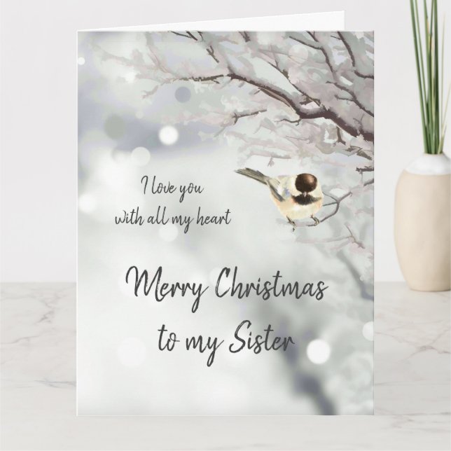 Carte Soeur Noël Aimer mon coeur Chickadee Bird (Devant)