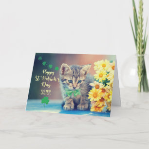Carte Soeur Saint Patrick’s Day Kitten avec marguerites