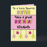 Carte Soeur spéciale nom rose<br><div class="desc">Célébrez votre soeur extraordinaire avec cette carte d'anniversaire vibrante ! C’est la façon idéale de lui faire savoir à quel point elle est spéciale. Ajoutez une touche personnelle en incluant son nom et un message d'anniversaire chaleureux pour rendre sa journée inoubliable. Cette carte est une excellente façon de dire, "Joyeux...</div>