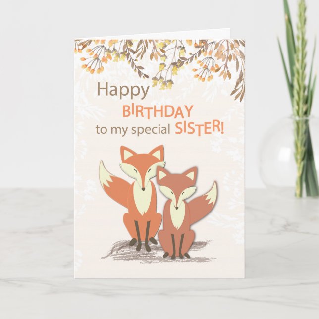 Carte Soeurs Renards d'anniversaire, Feuilles de succurs (Devant)