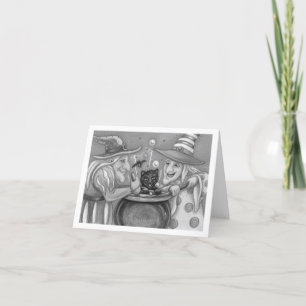 CARTE SŒURS SORCIÈRES, CHAT NOIR & BOISSON D'HALLOWEEN