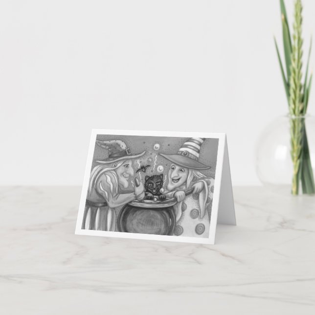 CARTE SŒURS SORCIÈRES, CHAT NOIR & POTION D'HALLOWEEN (Devant)