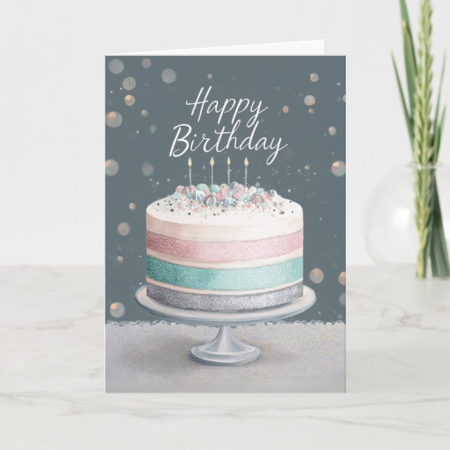 Carte Soft Pastels Pink, Teal & Silver Birthday Cake (Devant)