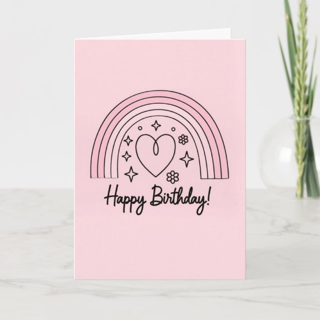 Carte Soft pink minimalist heart with rainbow birthday (Devant)