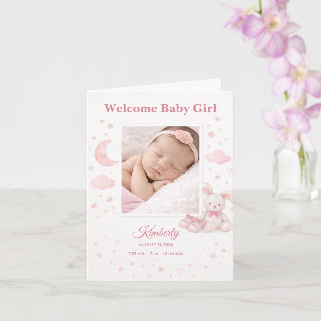 Carte Soft Pink Stars & Moon Baby Birth Announcement (Orchidée)