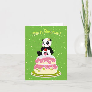 Carte Soirée / Panda mignonne avec gâteau et cerise