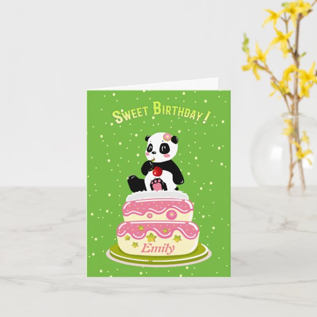 Carte Soirée / Panda mignonne avec gâteau et cerise (Fleur jaune)