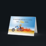 Carte soixante-dixième Anniversaire avec une moto<br><div class="desc">Revving et brûler plus de ! Une motocyclette brûlante avec des flammes ondulant derrière,  une équitation blonde rapidement avec vos salutations d'anniversaire ! Voyez la gamme entière des cartes pour des âges et des rapports dans mon magasin. Tout le copyright Norma Cornes d'illustration</div>