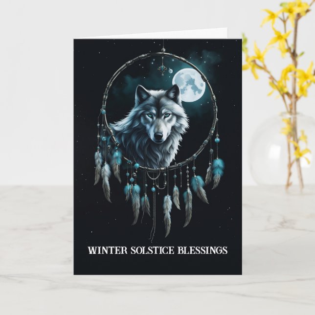 Carte Solstice d'hiver avec Loup dans la Lune de la Capt (Fleur jaune)