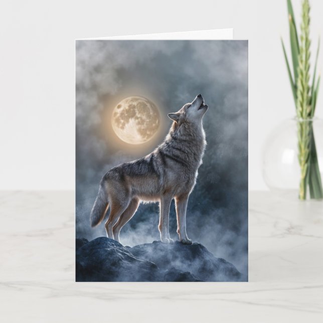 Carte Solstice d'hiver Lune et loup dans brouillard Mist (Devant)