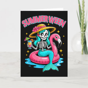Carte Somme Flamant rose d'Halloween Mermaid Skeleton Ha
