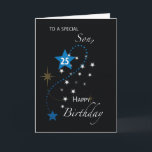 Carte Son 25e anniversaire Star Inspirational Blue & Bla<br><div class="desc">Une fois que votre fils fêtera son 25e anniversaire,  vous pouvez lui donner cette carte pour l'accueillir et vous joindre à la fête et en même temps partager avec lui un message d'anniversaire inspirant qui vient avec cette carte noire.</div>