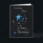 Carte Son 27e Anniversaire Star Inspirational Bleu & Noi<br><div class="desc">Cette carte noire qui présente un assortiment d'étoiles colorées serait la carte parfaite à donner à un fils spécial une fois qu'il commémore son 26e anniversaire. Un message intérieur inspirant accompagne cette carte.</div>